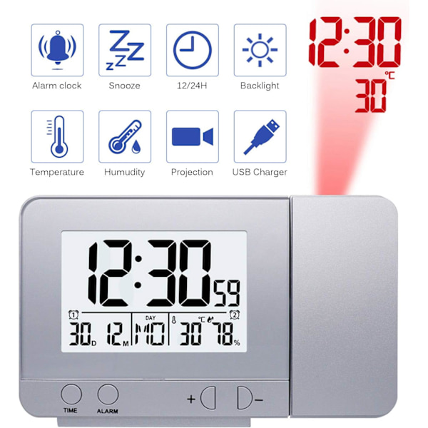 (Silver) LED Projector Clock, Digital Alarm Clock Projection, ZQKLA