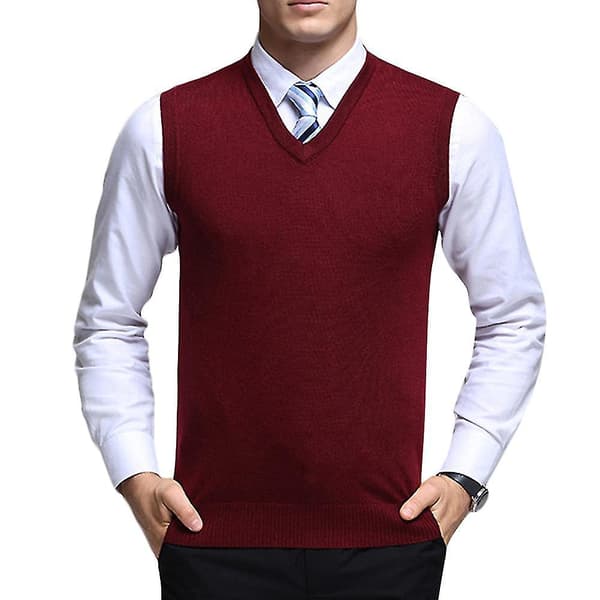 Solid Knitted V-neck Men's Casual Autumn Vest L Red