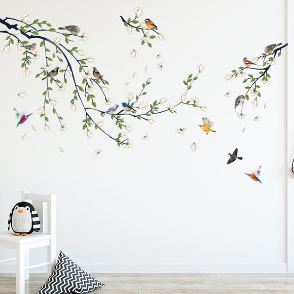 decalmile Birds on Tree Branch Wall Decals Blooming Flower Wall S