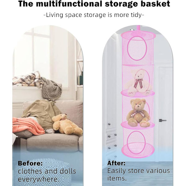 Hanging Net Storage, 2-Pack Foldable Hanging Toy Storage, 4 Compartments Foldable Hanging Storage Basket Stuffed Animal Storage Net