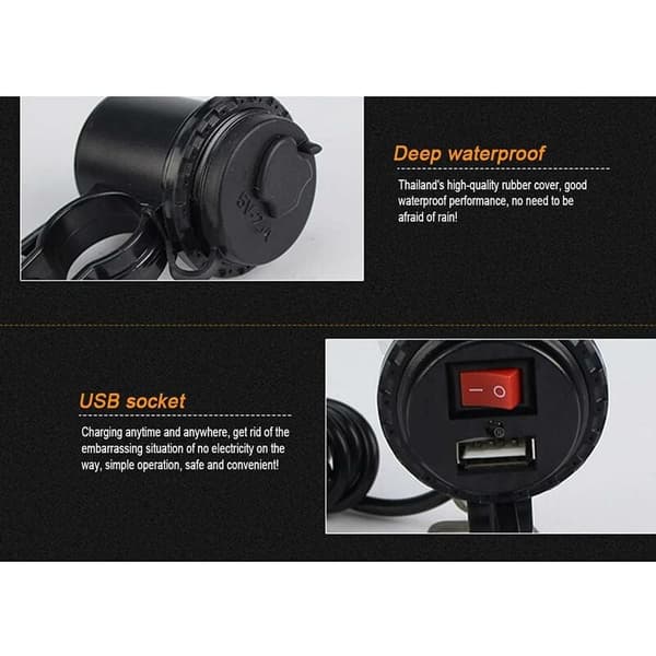 Motorcykel USB-oplader vandtæt 5V/2.1A med afbryder til styr montering
