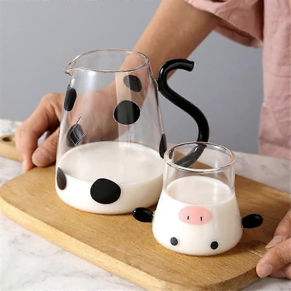 Glass Water Carafe Set with Cup: Cow-Shaped Cold Kettle & Blooming Teapot for Iced Drinks