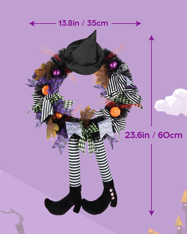 1 pc Halloween Decorations, Halloween Wreath, Halloween Witch Wreath Black Wreath with Hat Witch Legs Pumpkin