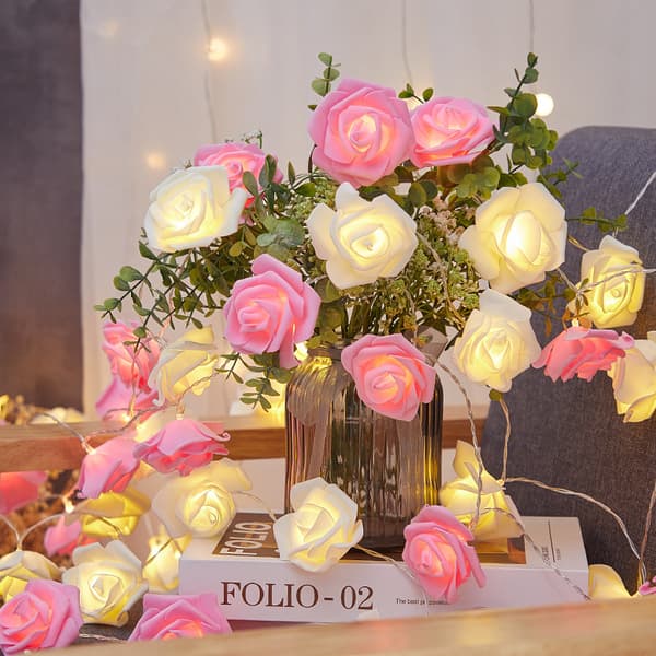 3 meter LED string light with 20 bulbs, USB powered, 7 cm pink and white roses, for room and bedroom