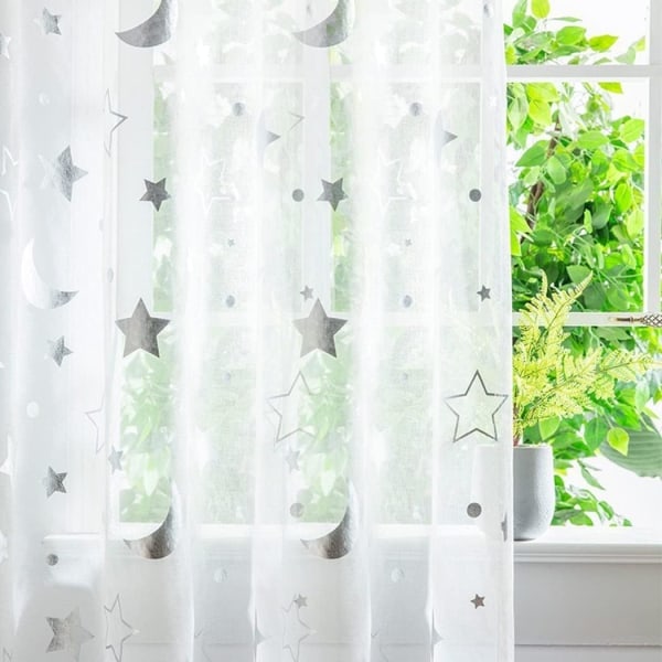 1m Lange Halvgennemsigtige Vinduegardiner til Pigeværelse Soveværelse Smuk Måne og Stjerner Sheer Tyllgardiner 2 Panel 1m x 1,3m