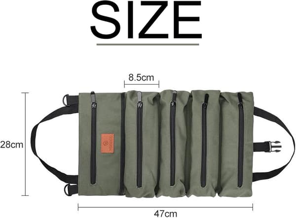 16A Canvas Roll-Up Tool Bag with 5 Zipper Pockets, Multifunctional