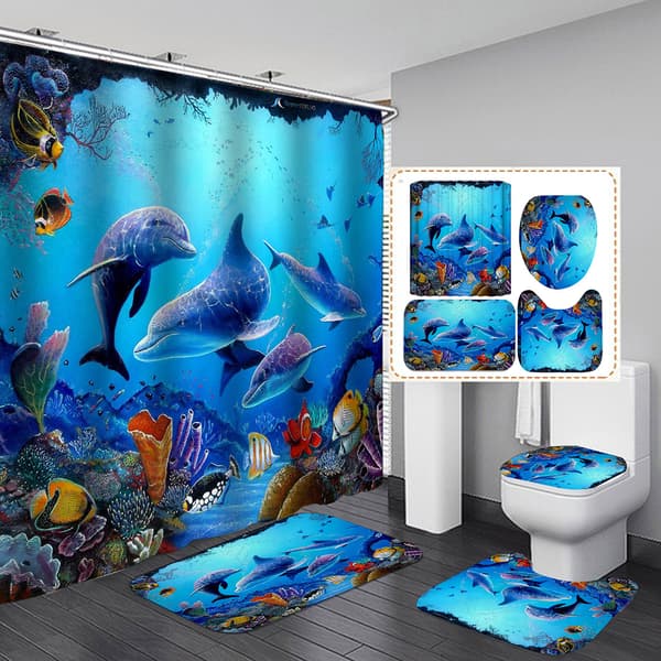 Bruseforhæng 180 x 200 cm, vandtæt bruseforhæng, blåt delfin bruseforhæng, polyester badeværelsesforhæng, vaskbart badeværelsesbadeforhæng-FA6-