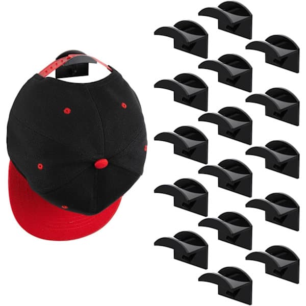 Wall Mounted Cap Racks, 16 Caps, No Drilling Required, for Baseball Caps (Black)