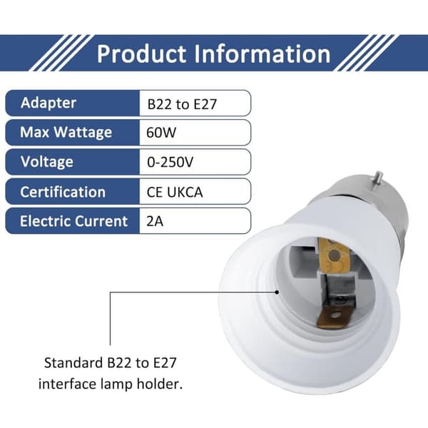 B22 til E27 Sokkeladapter 2-pak 0-250V til LED Pærer Halogen CFL-lamper Kompatibel med E27 Pærer