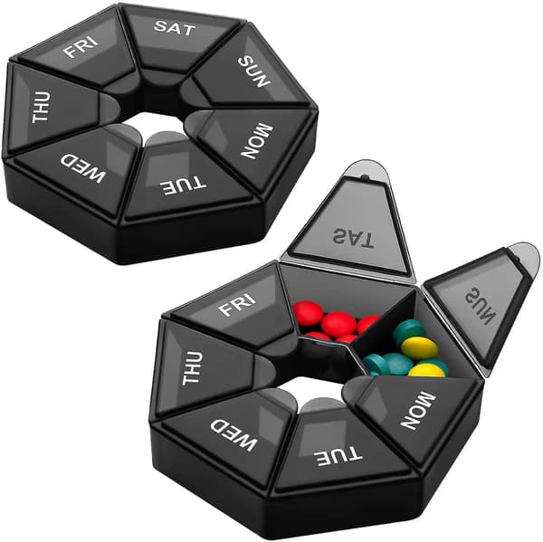 Weekly Pill Organizer, 2-Piece Portable Pill Box Black