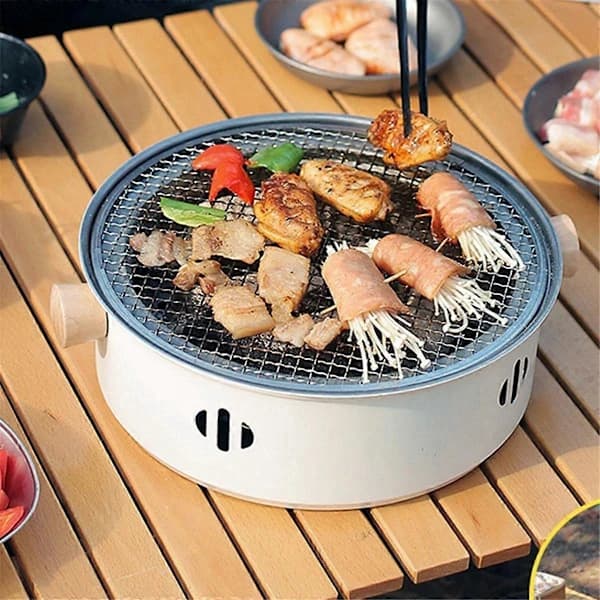 Rund kulgrill, multifunktionel, rustfrit stål, non-stick, bærbar BBQ-komfur til camping, teselskab, 28 cm