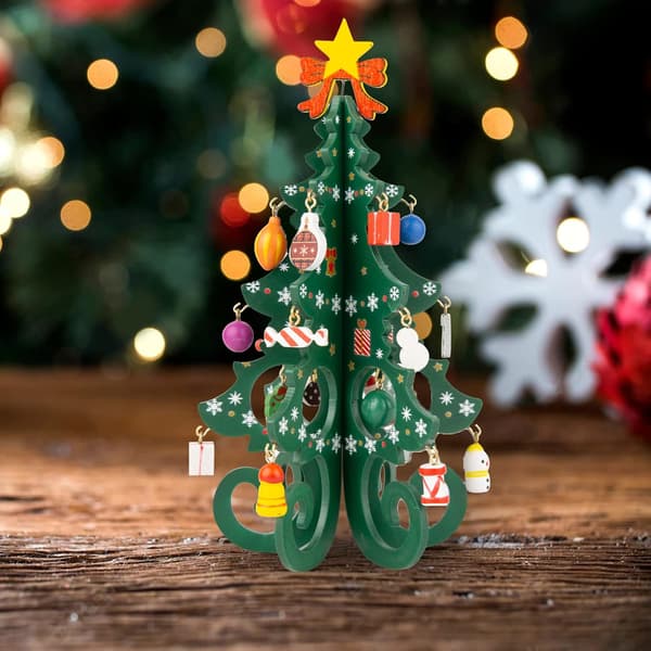 #Juletræspynt i træ - Grønt 3D Mini Juletræ med 24 #