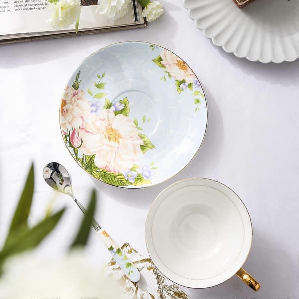 Cup & Saucer Set with Spoons, Champagne Rose on Blue Patterned Bone China 3-Piece Set Ceramic Tea Coffee Cup