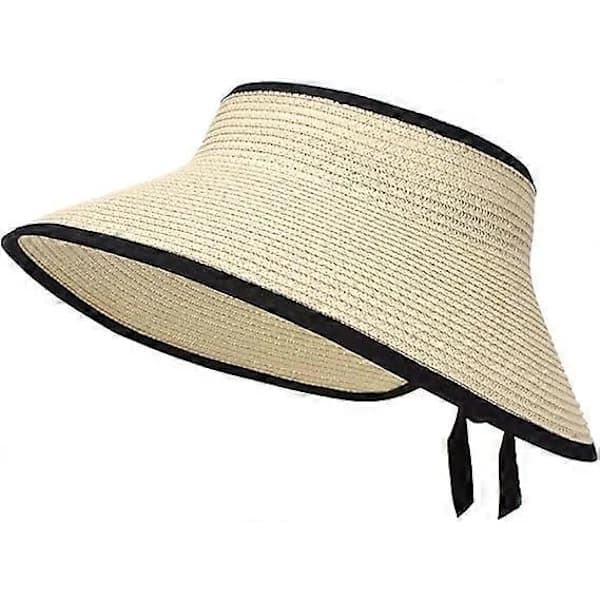 Store strandstråhatte til kvinder, foldbar bredskygget hat til damer, visir kasket bøttehat med sløjfe beige