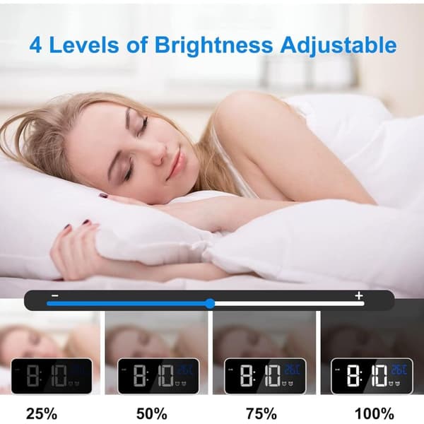 LED digital vækkeur med dato, luftfugtighed og temperaturvisning; træ-finish; dekorativ
