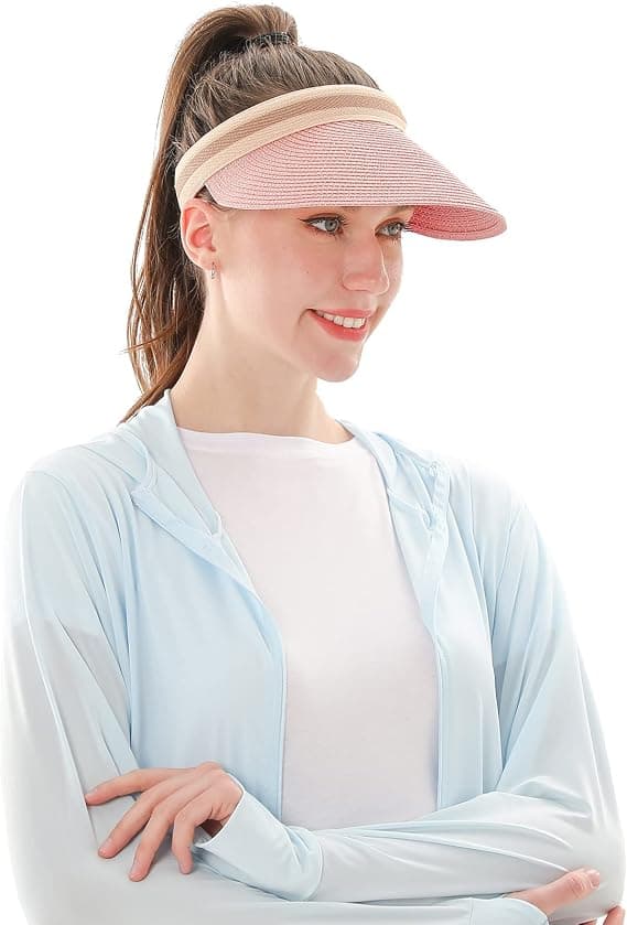 Straw Sun Hat with Open Crown, UV Protection, Versatile and Refined, Adorned with Fine Woven Stripes, Pink