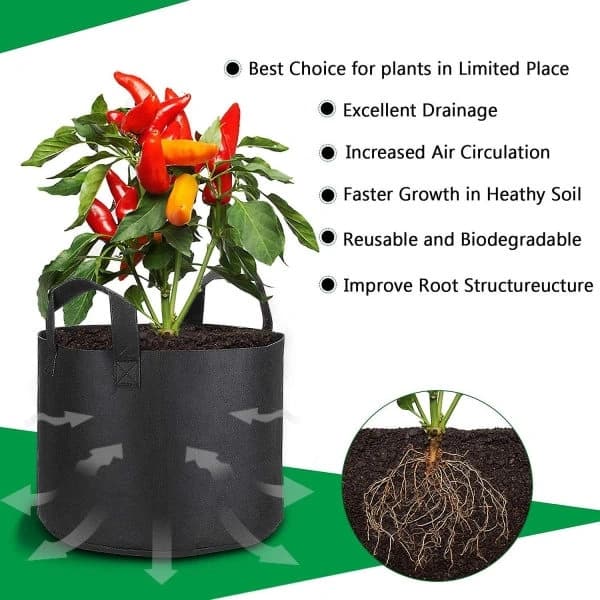 5 Gallon Odlingspåsar med Växtmarkörer, 5-Pack Kraftiga Växtkrukor i Tyg