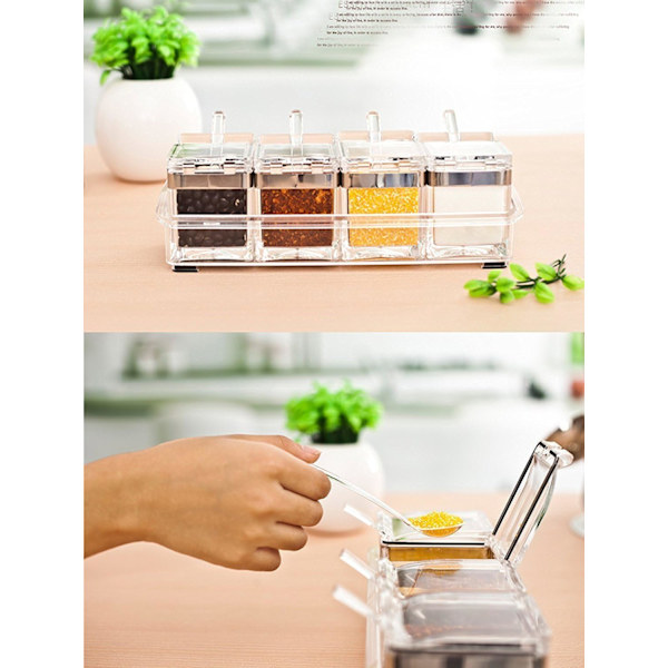 Gourmet Set with 4 Acrylic Spice Compartments with 4 Serving Spoons