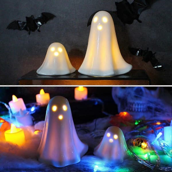 2 PCS LED Ceramic Ghosts Small White Ghost Figurines, Luminous Ghost Decor, Small LED Ghost Halloween Decor Spooky Sculptures