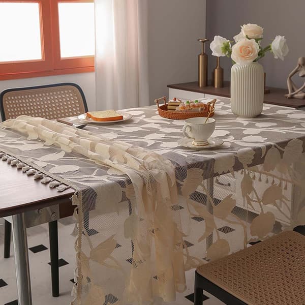 Enkel duk med dusker, rektangulær blondeduk til hjemmet, ikke-vaskbar kaffeduk, beige, 140*180cm