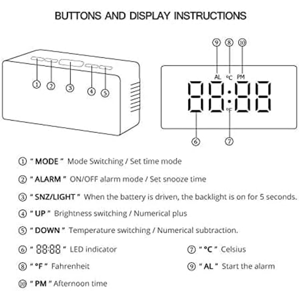 1 st Kreativ Digital Spegelalarm, LED Sängklocka med