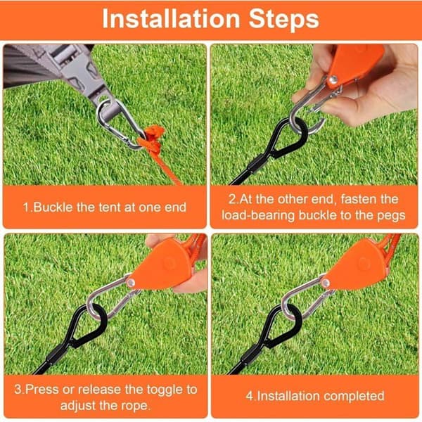 Tie-down strap with hook 4M, 4 pieces of tie-down straps with pulley, 4 mm lightweight camping rope tie-down strap