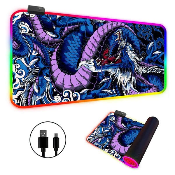 RGB Gamingmusematte med dragedesign og LED-lys (blå-lilla, 400x900mm)-FX-