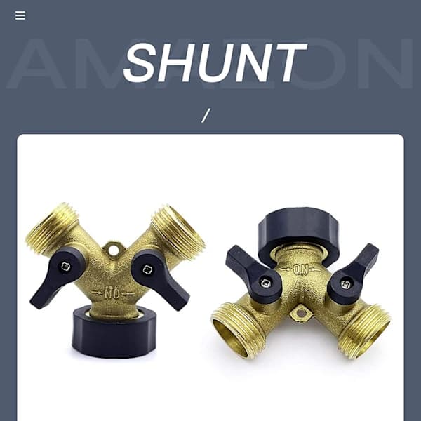 2-way 3/4\" Brass Y-connector, manifold with shut-off valves for two supply hoses, hose coupling