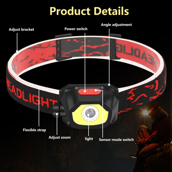 1 stk LED COB sterk lys sensor hodelykt hvit lys rød