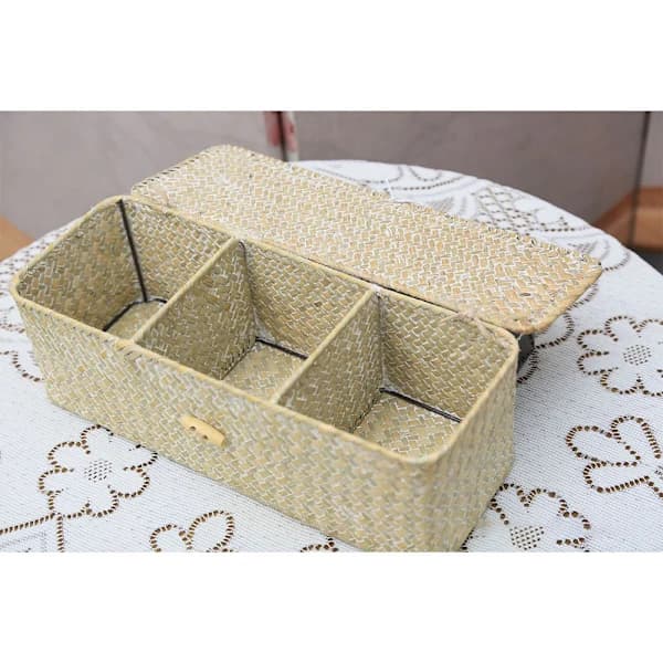 Seagrass Storage Basket with Lid, Hand-Woven Rectangular 3-Compartment Organizer for Bathroom Shelf or Tabletop, Khaki White 32 cm