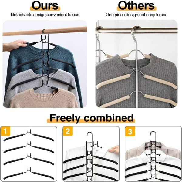 Space-saving hangers, 2-pack, 5-in-1 multi-functional magic metal hanger non-slip hanger with multi-layer EVA sponge for jeans skirts T-shirts