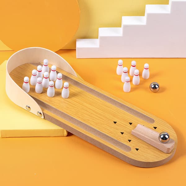 Pedagogisk mini bowling i tre for barn, interaktivt bordspill for foreldre og barn, Brun, Stor