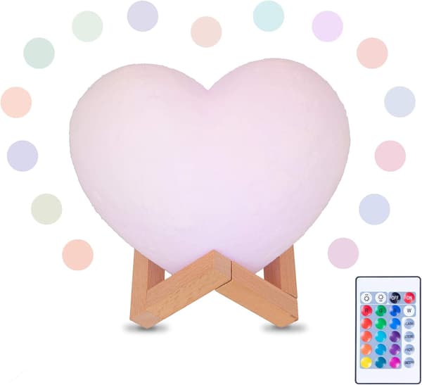 Hjerteformet LED-lampe, 3D-print, 16 farger dimbar, fjernkontroll