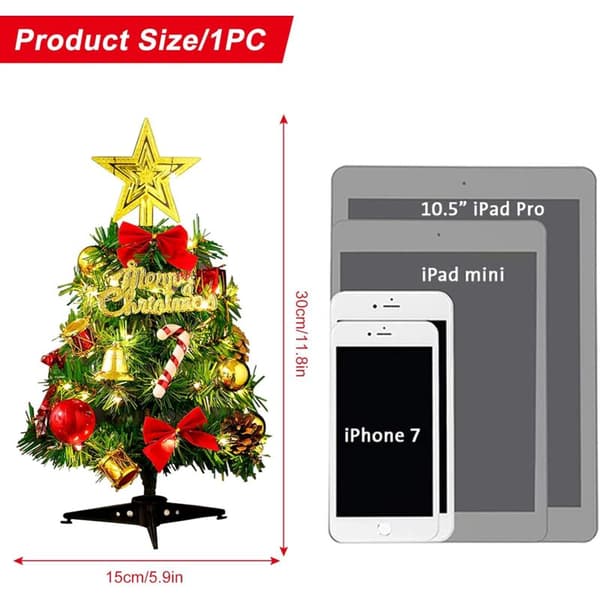 Artificial Christmas Tree Mini Christmas Tree and 2M/2.18 Yard Wire Rope Lights, Miniature Decoration Tabletop Indoor Mini Green Tree Ornaments Tablet