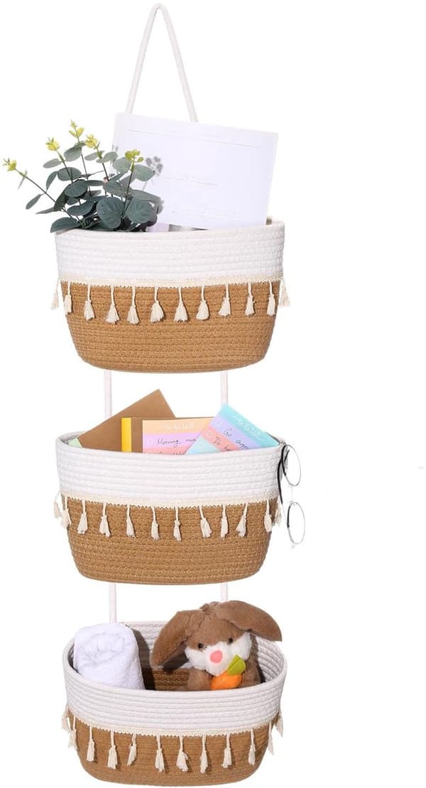 3-Tier Hanging Wall Basket Organizer, Woven Cotton Storage Bag with Loop, Boho Decor for Nursery Bathroom Kitchen, 23 x 14 x 73 cm, Brown White