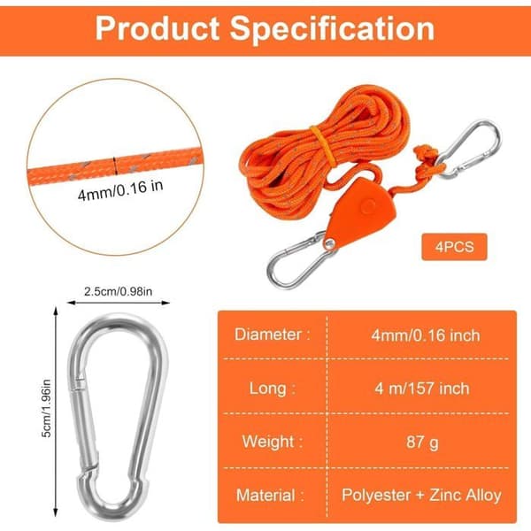 Tie-down strap with hook 4M, 4 pieces of tie-down straps with pulley, 4 mm lightweight camping rope tie-down strap