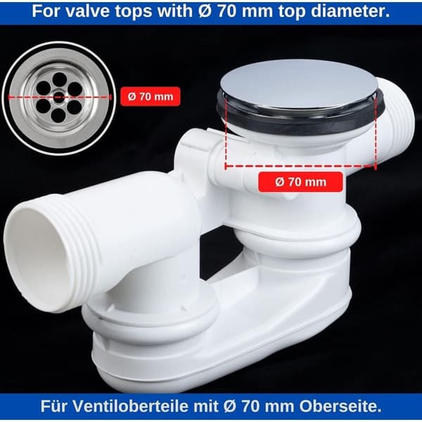 Universal badekarprop Ø70mm, justerbar højde, dobbelt tætning, forkromet messing, rustfri, kompatibel med de fleste badekar