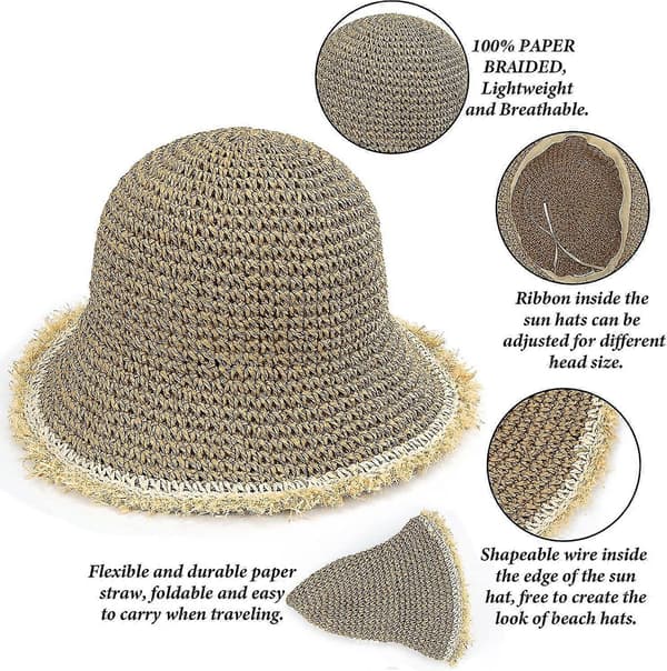 Dam sommarhatt, stråsolhatt med fransar, bredbrättad strandhatt i strå (stor/60cm)-Yvan