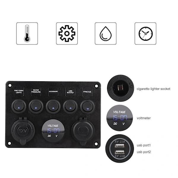 5-vejs 12V/24V Inline-sikringsboks LED-afbryderpanel Dobbelt USB Bil Båd Lastbil