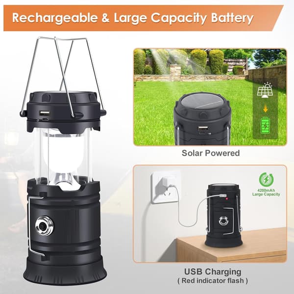 Solcelle campinglampe, foldbar LED, USB-C genopladelig, sort