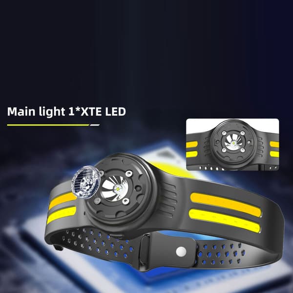 360° roterende COB LED-hodelykt - 6 lysmoduser, vanntett med bevegelsessensor, kompatibel med utendørs løping og sykling