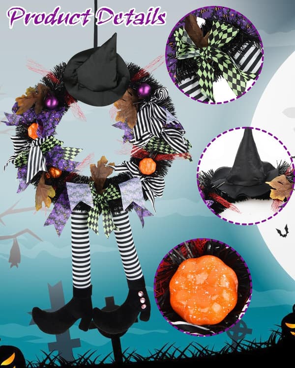 1 pc Halloween Decorations, Halloween Wreath, Halloween Witch Wreath Black Wreath with Hat Witch Legs Pumpkin