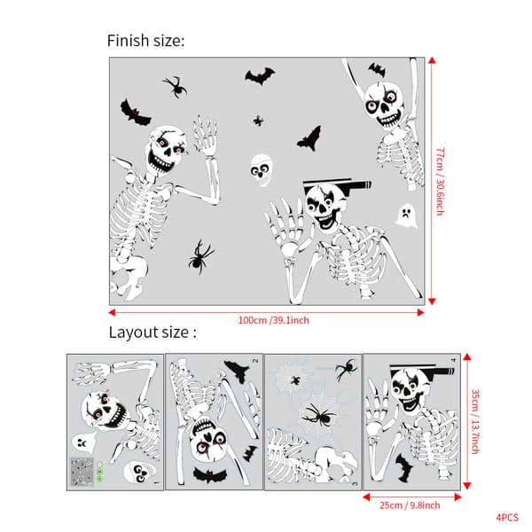 Halloween vindusdekaler, hodeskalledekaler 25x35CMx4stk