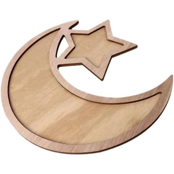 Eid Mubarak matbricka Ramadan trä Eid Mubarak party matserveringsbricka dessertbricka stjärnformad månskärsformad serveringsbricka konstnärlig tallrik