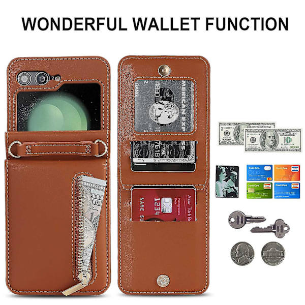 Flip 5 Wallet Case, Crossbody Lynlås Læder Etui med Støttefod til Samsung Galaxy Z Flip 5 med Kortpladser Red
