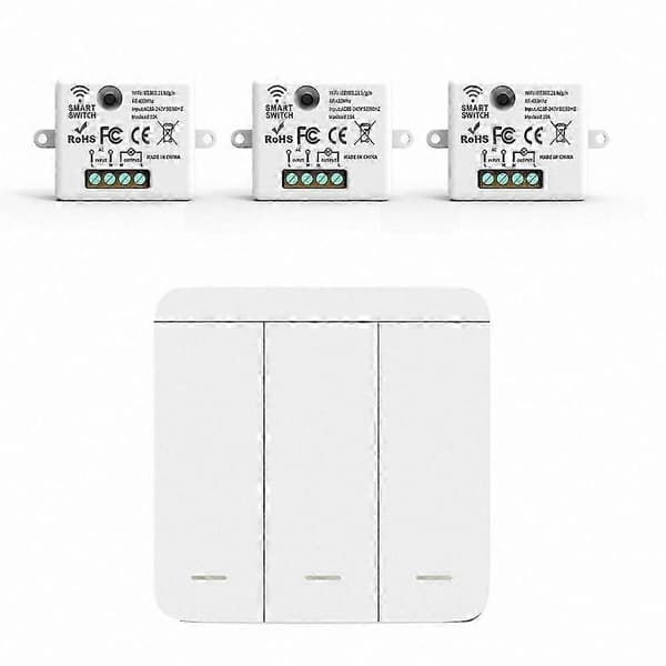 3-pack RF 433MHz trådlös väggströmbrytare med fjärrkontroll och 3-facks panel för LED-belysning Vit White