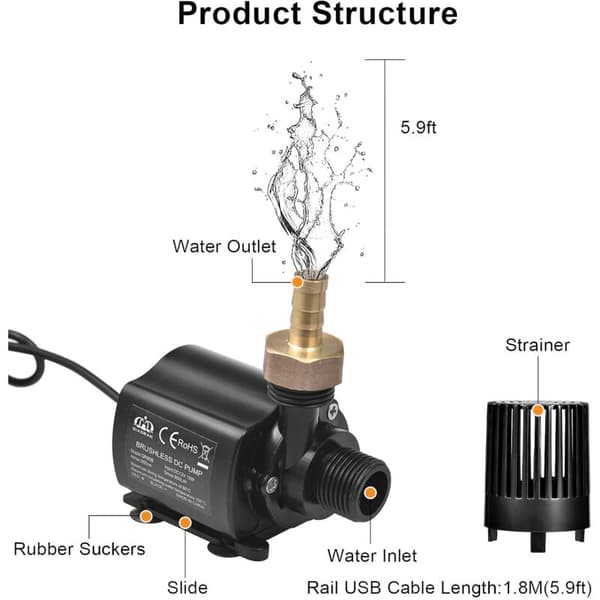 DC Vattenpump, DC 12V Amfibisk Dränkbar Vattenpump 800L/H 5M För Solbrunn Pool Vattencirkulation Damm Akvarium