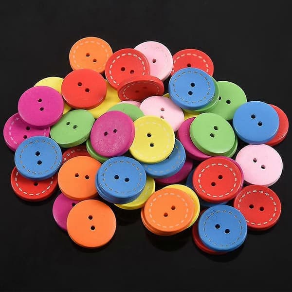 100 blandede runde 2-hulls syknapper i tre til scrapbooking 25 mm (1 tomme) diameter