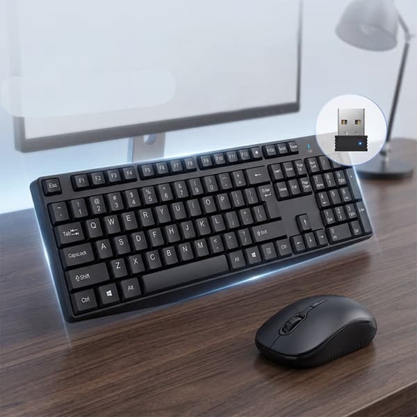 Trådløst tastatur og musesett – plug-and-play USB-mottaker for kontor, fullstørrelses layout, søleresistent med drenering og antiskli