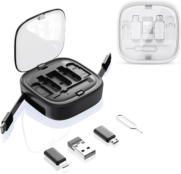 Multi-Charging Cable Storage Box, 3FT 60W Retractable USB C Cable and Adapter Set, Storage Case and SIM Card Removal Tool, White+Black